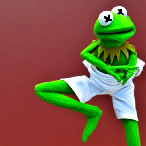 Prompt: kermit the frog doing super fast karate moves, detailed, mild motion blur