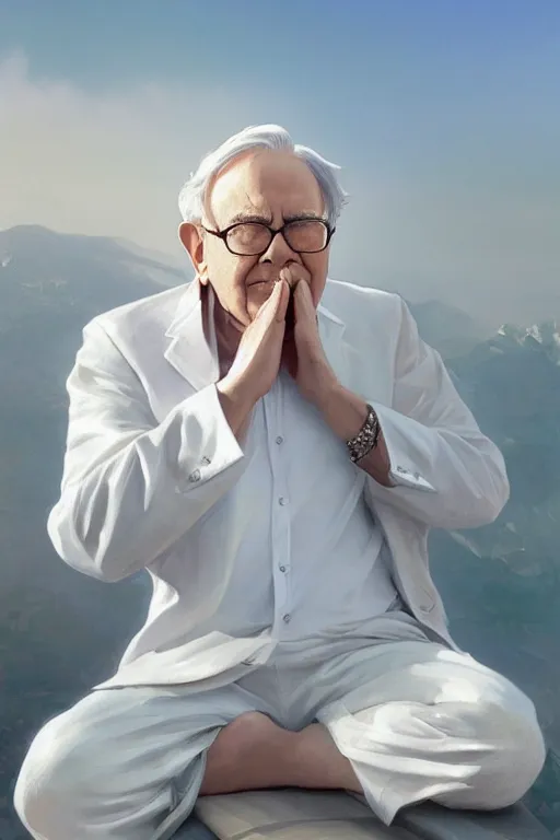 Image similar to warren buffet godly white clothes meditating in the sun, blank lighting ultra realistic photorealistic highly detailed high quality, a stunningly, digital painting, artstation, concept art, smooth, sharp focus, illustration, art by artgerm and greg rutkowski and alphonse mucha 8 k