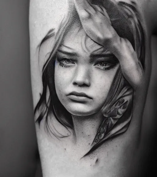 Image similar to a beautiful girl portrait, faded mountain background, realism tattoo, in the style of den yakovlev, black and white, hyper realistic, highly detailed