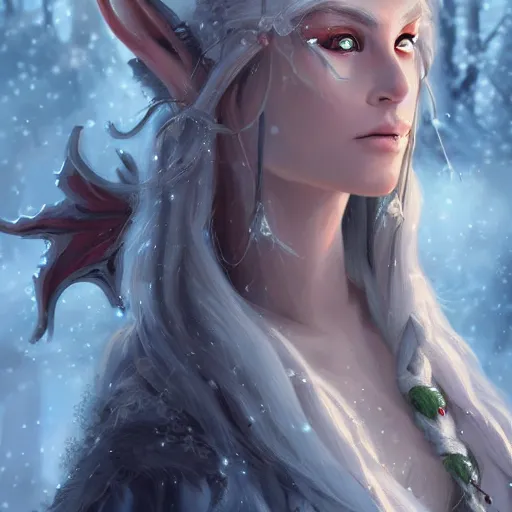 Prompt: a high fantasy portrait of a snow elf, winter eladrin, semi - realism, very beautiful, very attractive, high quality, digital art, trending on artstation