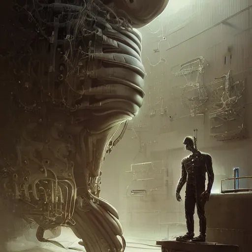 Prompt: portrait of an ultradetailed illustration of a biomechanic evil cyborg posing in front of a futuristic mechanic lab, by greg rutkowski and Zdzisław Beksiński., photorealistic, 8k, intricate, futuristic, dramatic light, trending on cg society