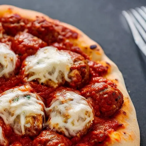 Prompt: a delicious meatball pizza with crust made of semolina spaghetti.