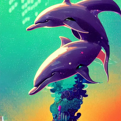 Image similar to a beautiful hyperdetailed character design 4 k wallpaper illustration of a cute dolphin, victo ngai cyberpunk style, from china, style of studio ghibli, makoto shinkai, raphael lacoste, louis comfort tiffany, artgerm, james jean, ross tran, chinese style