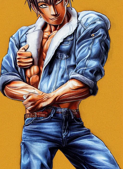 Image similar to Portrait of Onizuka from GTO wearing only jeans , masculine and muscular, both fist closed, intricate body, whole body highly detailed, digital painting, artstation, concept art, smooth, sharp focus, illustration, art by Hajime Sorayama