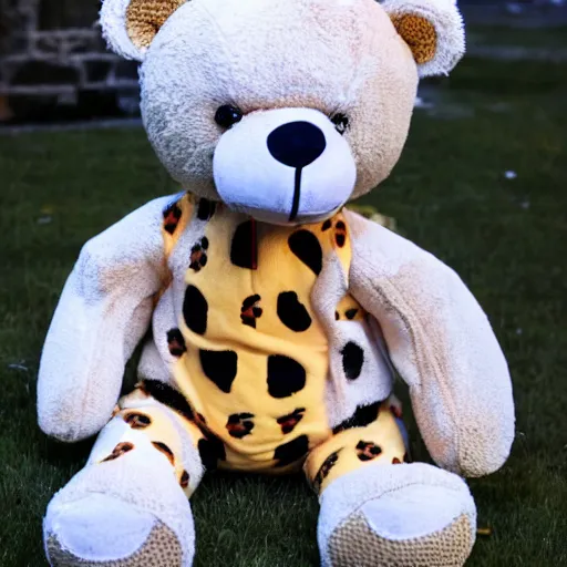 Prompt: a teddy bear wearing a giraffe costume