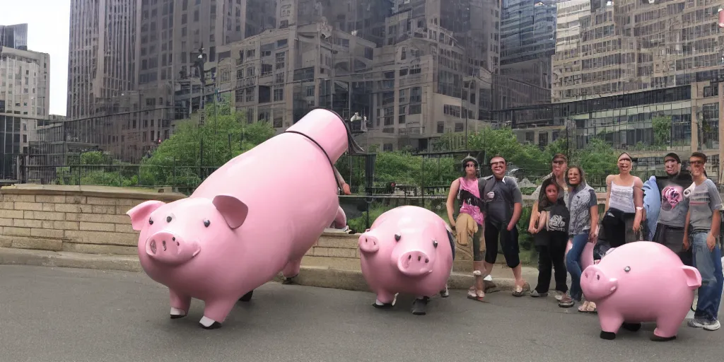 Prompt: giant mechanical piggy attacks pittsburgh