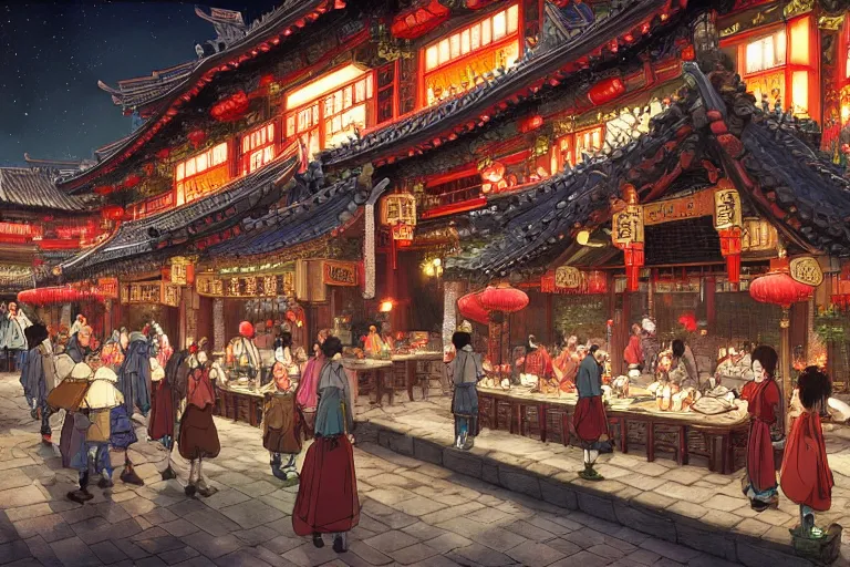 Image similar to fantasy art of a bustling tavern in china, at night, by hayao miyazaki, highly detailed digital art, trending on artstation
