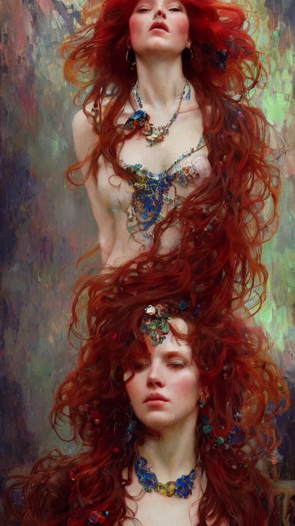 Prompt: a highly detailed beautiful red haired woman, adorned with precious stones, intricate by jeremy mann and alphonse mucha, 8 k resolution, trending on artstation, very very detailed, masterpiece, stunning,