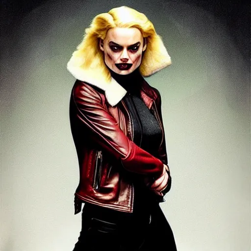 Prompt: Rafael Albuquerque art, Norman Rockwell, pretty Margot Robbie vampire, sharp teeth, evil smile, symmetrical face symmetrical eyes, leather jacket, jeans, long blonde hair, full body, holding HK pistol in hand, hands with five fingers, realistic hands