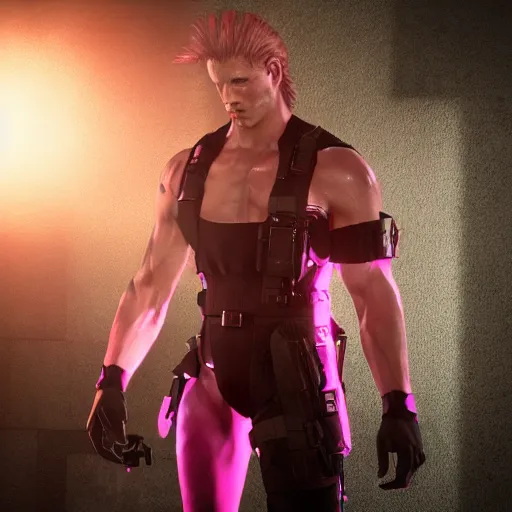 Prompt: 4K HD, unreal engine, metal gear, octane render : (subject= Sundowner from Metal Gear video game + subject detail= man wearing a pink dress, male body proportions)