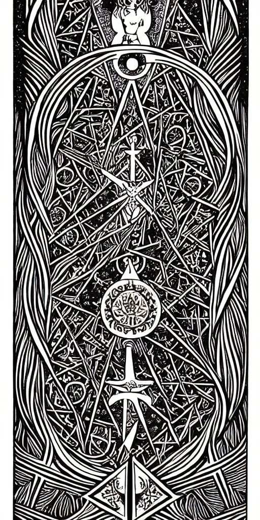 Image similar to a beautiful fractal tarot card featuring bold occult imagery with clean lines