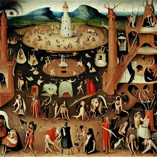 Prompt: Where's Waldo in the style of Hieronymus Bosch