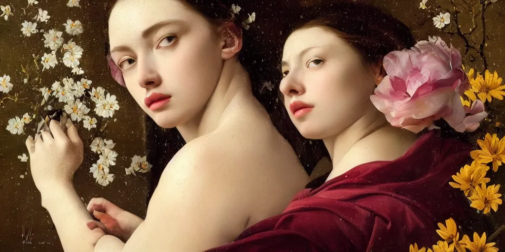 Image similar to beautiful oil matte portrait painting, women rained on by flower petals, wonderful masterpiece highly detailed, beautiful cinematic light deep focus, elegant, digital painting, smooth, sharp focus, golden ratio, dramatic illumination, ultra realistic, 8 k, art by artemisia lomi gentileschi and caravaggio