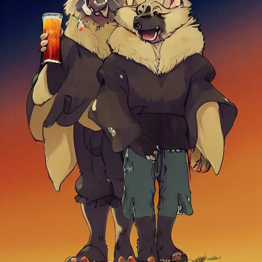 Image similar to a two german shepherds beast - men, holding a mug of beer, a lot of pockets, fur cape, tavern background, magical, bright, colorful, fantastic lighting, amazing details, 4 k uhd, illustration by hayao miyazaki and makoto shinkai and ilya kuvshinov, artstation, pixiv,