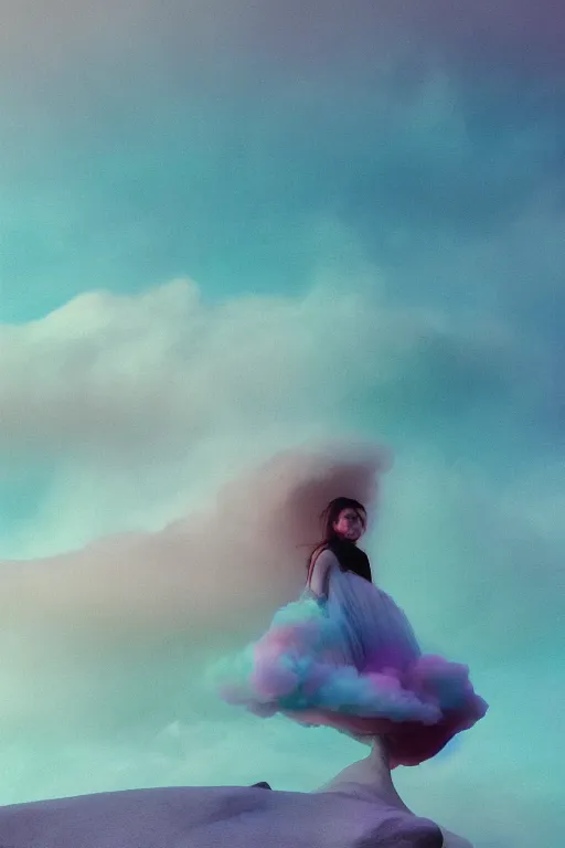 Image similar to high quality pastel coloured film close up wide angle photograph of a model wearing clothing swimming on cloud furniture in a icelandic black rock!! environment in a partially haze filled dreamstate world. three point light, rainbow. photographic production. art directed. pastel colours. volumetric clouds. pastel gradient overlay. waves glitch artefacts. extreme facial clarity. 8 k. filmic.