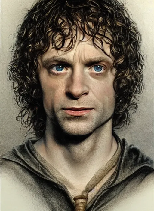 Prompt: portrait of pippin from lord of the rings, beautiful, very detailed, hyperrealistic, medium shot, very detailed painting by Glenn Fabry, by Joao Ruas