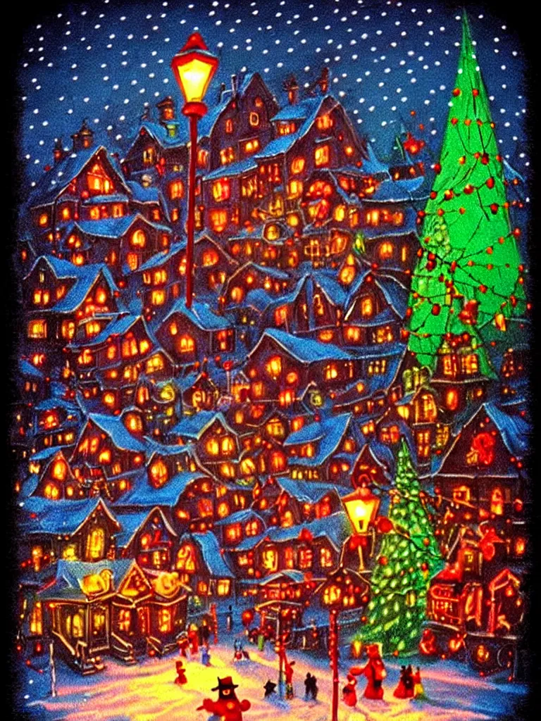 Prompt: Vibrant Colorful Vintage Christmas Village Horror Illustration. Glowing , Spooky lighting , Pinterest