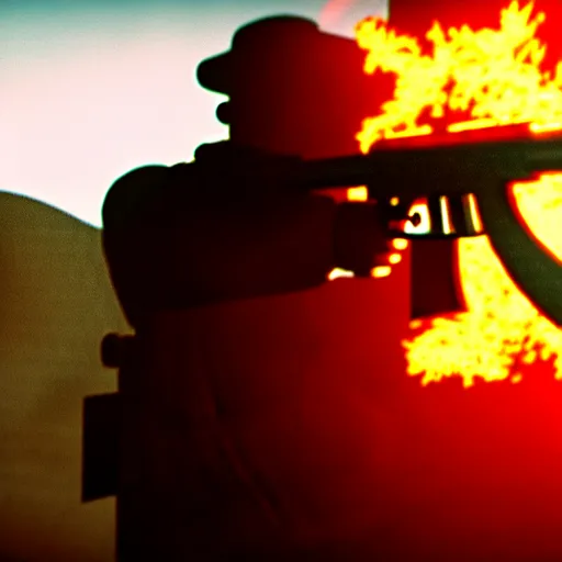 Image similar to high detail full body shot of spongebob squarepants shooting an ak - 4 7 machine gun with muzzle flash, cinematic framing, cinematic light, hard shadows, in the style of the movie lone survivor,