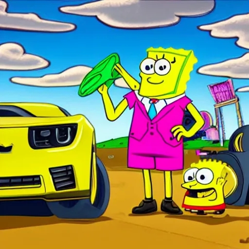 Prompt: spongebob squarepants washing a camaro, high detail,