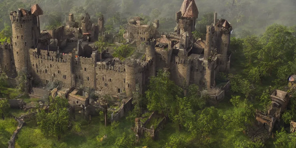 Image similar to 3 d medieval castle in the jungle, artstation, 4 k