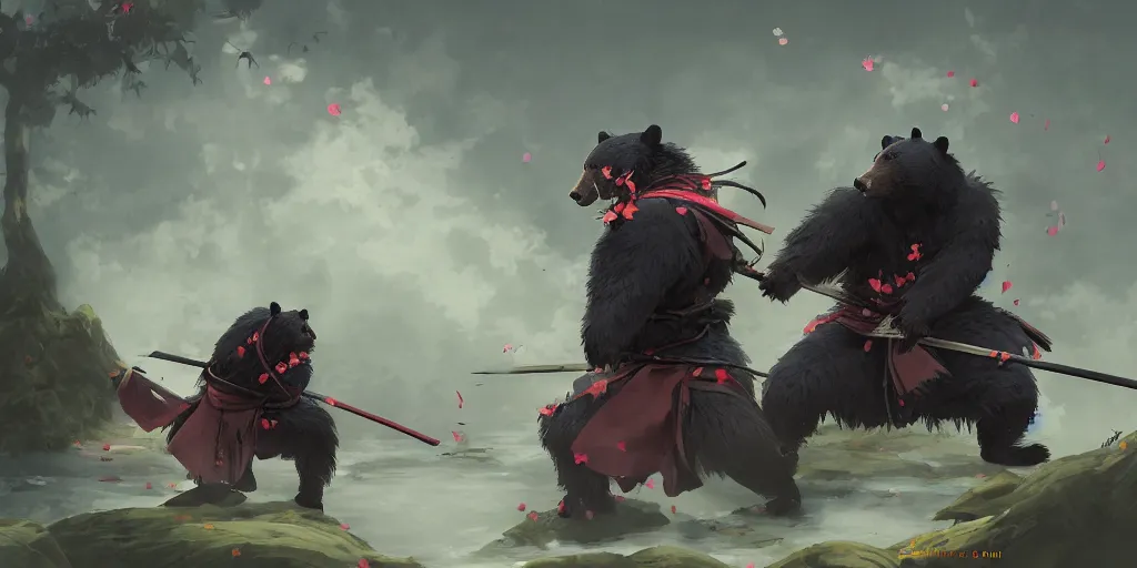 Image similar to an environmental concept art of anthropomorphic asian black bear samurai, samurai duel, sakura petals blowing in the wind, highly detailed, environmental light, cinematic by francis tneh