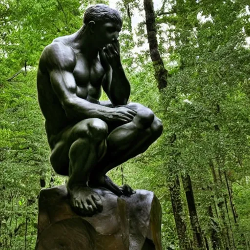 Image similar to The thinker sculpture by auguste rodin, mushrooms at the base , placed in a lush forest, style of William Bartram
