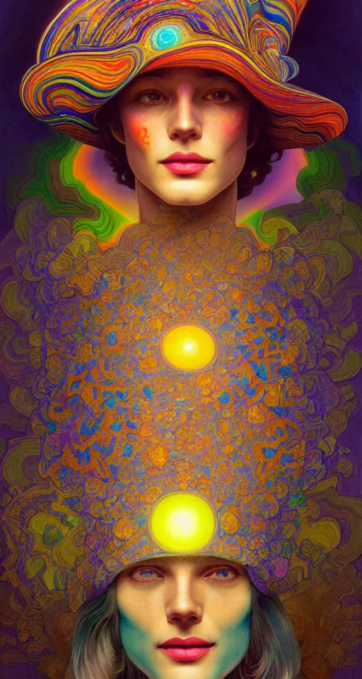 Image similar to An extremely psychedelic celestial smiling Larry Harvey white fedora hat, colorful, surreal, dramatic lighting, magic mushrooms, psilocybin, LSD, detailed, intricate, elegant, highly detailed, digital painting, artstation, concept art, smooth, sharp focus, illustration, art by Krenz Cushart and Artem Demura and alphonse mucha