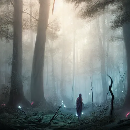 Prompt: a wide shot of beautiful greek goddess in a bioluminescent ancient dark forest, greg rutkowski, 8 k, shallow depth of field, ultra high detail, concept art,