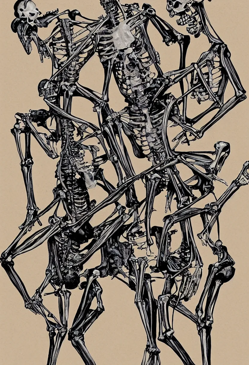 Image similar to human and kangaroo skeletons fighting, t-shirt design