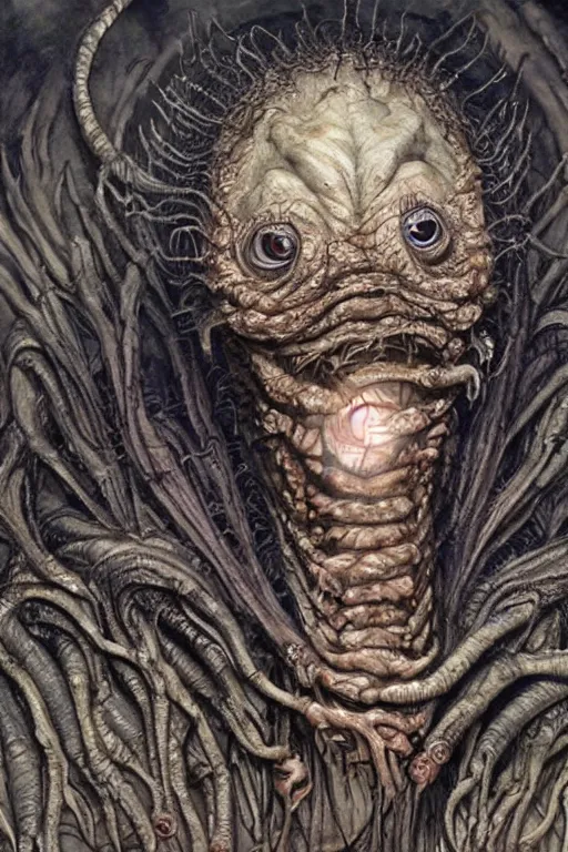 Image similar to rupert murdoch as a worm monster, photorealistic, cinematic lighting, highly detailed, very intricate, by guillermo del toro and hr giger