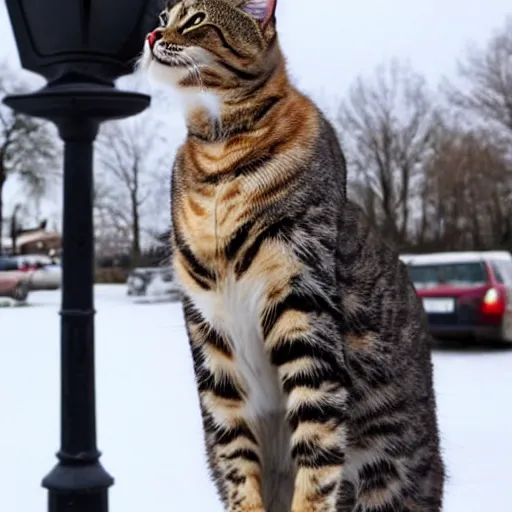 Prompt: Wow, the tongue of this cat is really stuck to the lamp post! Poor thing, it's so cold.