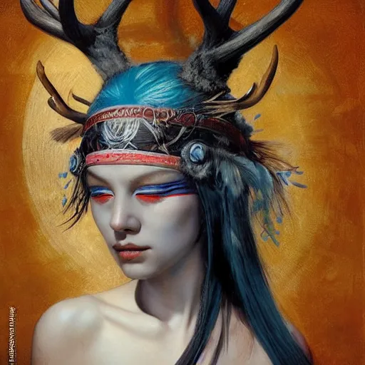 Image similar to A young female shaman blindfolded, blue hair and antlers on her head, blindfolded, heilung, made by karol bak