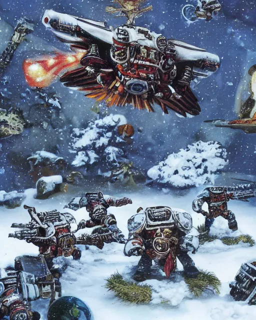 Image similar to postcard showing 'warhammer space marines frollicking in the snow' laying on coffee table, zoomed out, HD, iphone capture