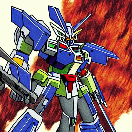 Image similar to detailed intricate color manga illustration of a gundam mech warrior destroying a medieval village