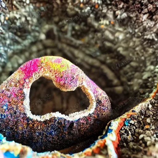 Image similar to tiny dinosaur skeleton inside a geode of colored crystals