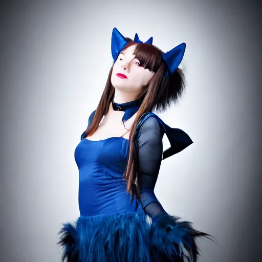 Prompt: portrait, catgirl cosplayer posing for a picture, studio photography, rembrandt lighting, dark background, blue fog