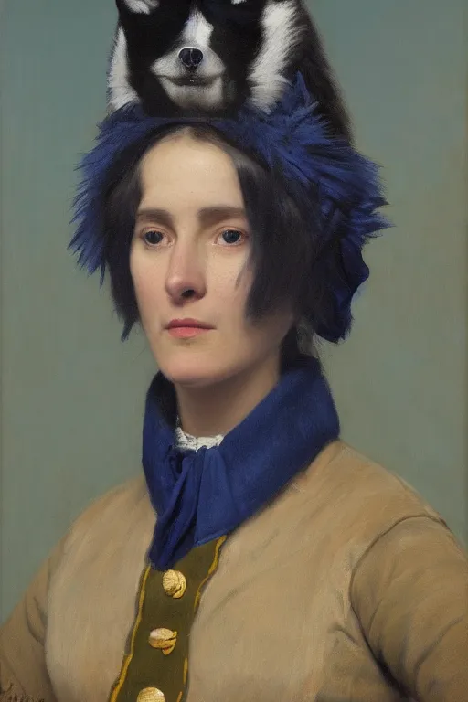 Prompt: facial portrait of the empress of the minnesota timberwolves, 1 8 8 9, in full military garb, midnight blue, aurora green, lake blue, moonlight grey, oil on canvas by william sidney mount, trending on artstation