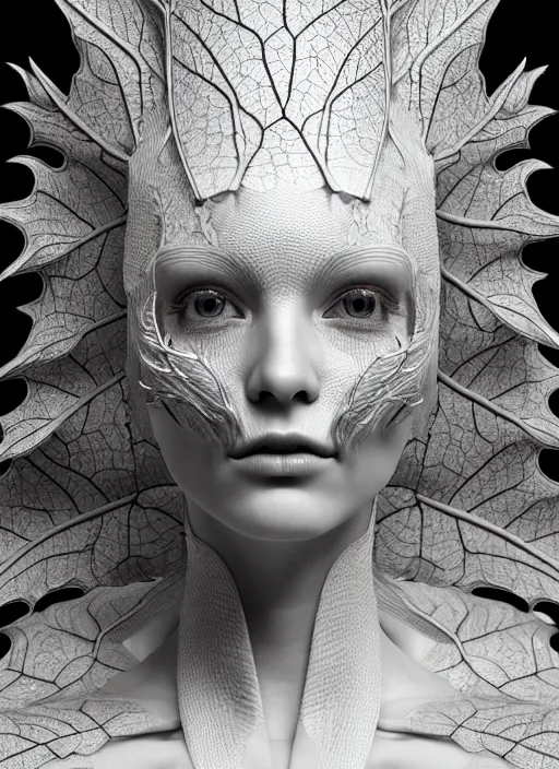 Image similar to bw close - up profile face, black background, beautiful porcelain vegetal dragon cyborg young female, 1 5 0 mm, beautiful natural soft rim light, silver gold details, magnolia leaves and stems, roots, fine lace, mandelbot fractal, elegant, ultra detailed, white metallic armour, octane render, h. r. giger style