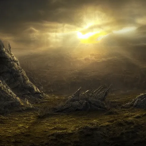 Image similar to Sickly yellow light breaking through the clouds shining down upon a desolate battlefield, fantasy, matte painting, 8k resolution, high detail, masterpiece, dark atmosphere