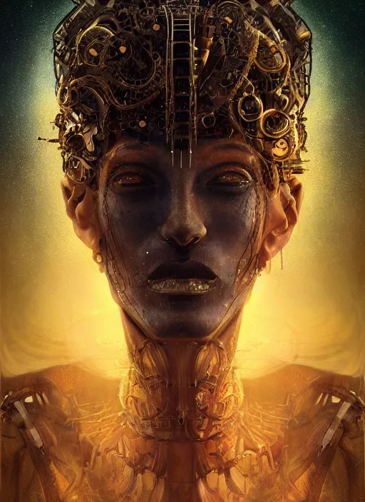 Prompt: beautiful portrait of menacing and anxious biomechanical Djinn overseeing the deist mechanical universe by charlie bowater, mandy jurgens, gustav klimt, octane render, iridescent, 4k, 8k, high detail, HDR, by tom bagshaw, powerful, with inspiration from Beksinski