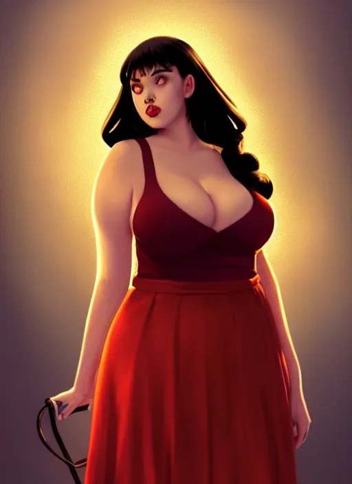 Image similar to full body portrait of teenage veronica lodge, obese, bangs, sultry, realistic, sultry smirk, wavy hair, red skirt, fat, belly, intricate, elegant, glowing lights, highly detailed, digital painting, artstation, concept art, smooth, sharp focus, illustration, art by wlop, mars ravelo and greg rutkowski