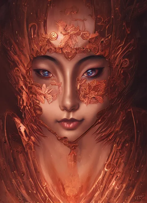 Image similar to a beautiful detailed oil on copper art illustration of a japanese okame mask devil woman, centered, by charlie bowater, zeng fanzh, trending on artstation, dim dusk lighting, cinematic lighting, detailed lighting, volumetric lighting, realistic, f 8, 4 k hd wallpaper