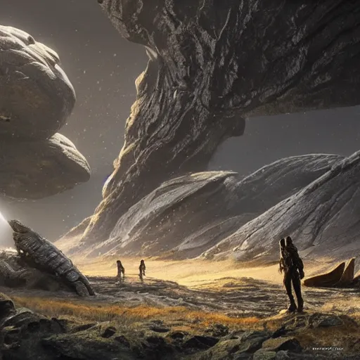 Image similar to scene from prometheus movie, artlilery spaceship lands in an alien landscape, filigree ornaments, volumetric lights, greg rutkowski
