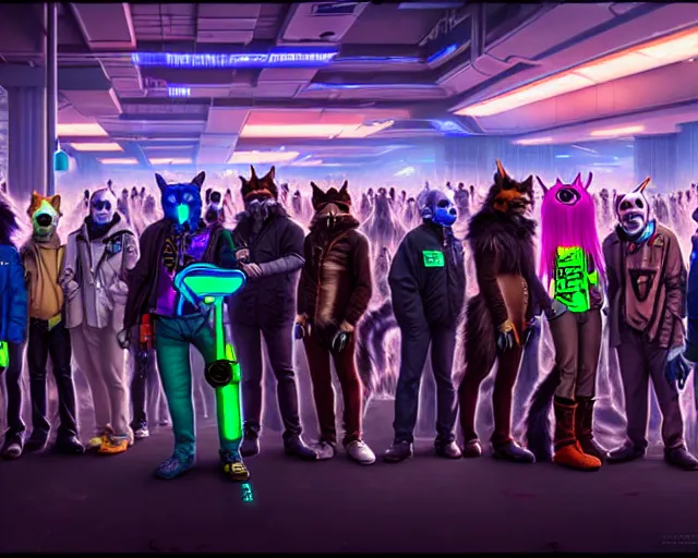 Image similar to high - resolution photograph from a cyberpunk era furry fandom convention ( midwest furfest 2 0 4 7 ), taking place after the genetic revolution and singularity. photorealistic.