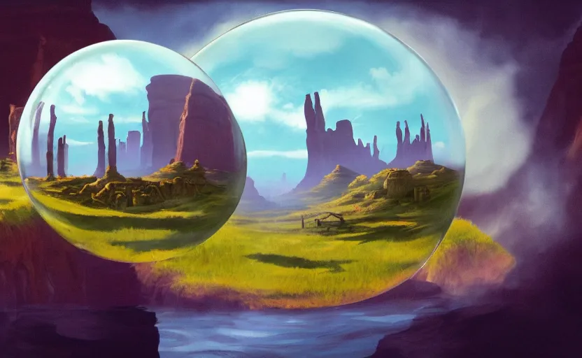 Prompt: a scary hyperrealist painting of a tribal village in a giant transparent forcefield crystal ball from howl's moving castle ( 2 0 0 4 ) in a flooded monument valley stonehenge jungle. depth perception, 4 k, artstation, in the style of studio ghibli