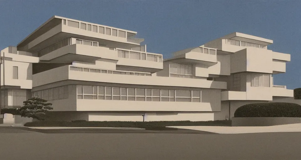 Image similar to bauhaus house, hiroshi nagai, matte painting, hiroshi nagai