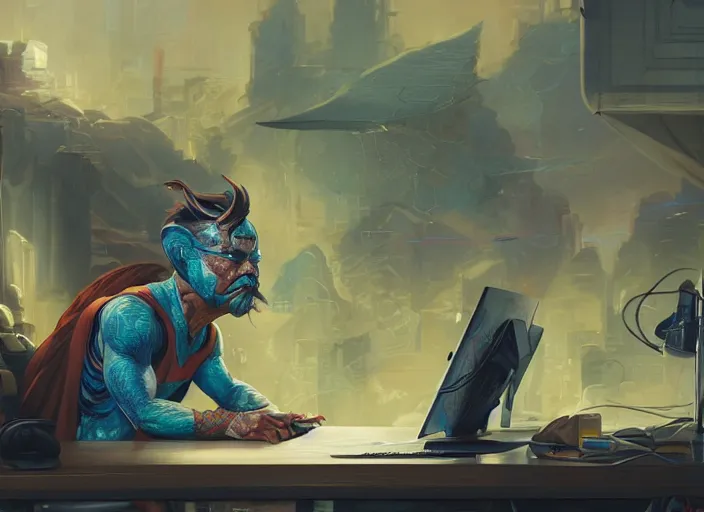 Image similar to an insanely detailed painting of an asian man wearing a homemade superhero costume, sitting at a desk, staring seriously at the computer and typing, in the style of peter mohrbacher, james jean, artgerm, dramatic lighting and composition, surreal background, octane render, pixar, trending on artstation, concept art, comic book, view from behind, 8 k