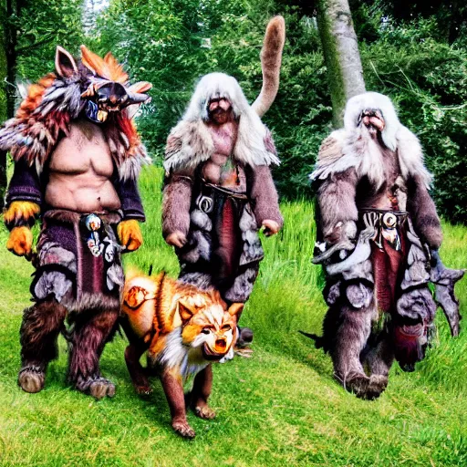 Image similar to A pack of world of warcraft feral druids roaming the british countryside
