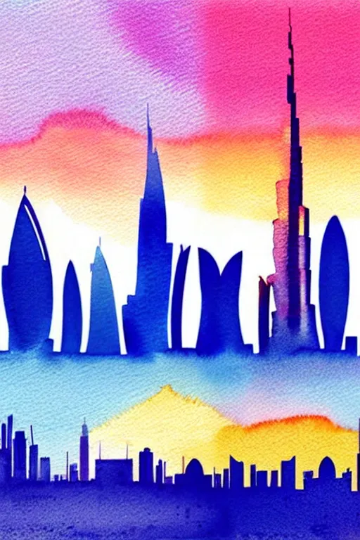 Prompt: minimalist watercolor art of dubai skyline at sunset, illustration, vector art