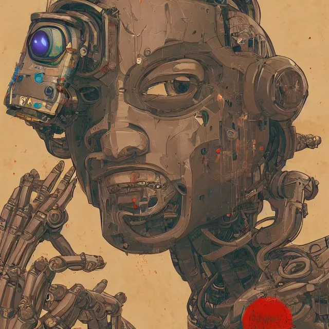 Prompt: robot artist painting a self - portrait on a canvas. intricate, highly detailed, digital matte painting, in the style of alexandros pyromallis, and in the style of sachin teng, and in the style of hans thoma, and in the style of mike ploog. irony, recursion, inspiration.